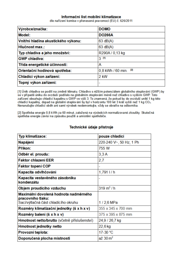 Mobilná klimatizácia 7000 BTU - DOMO DO266A