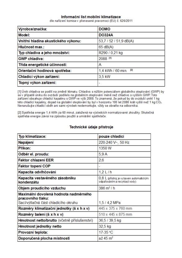 Mobilná klimatizácia 12000 BTU - DOMO DO324A
