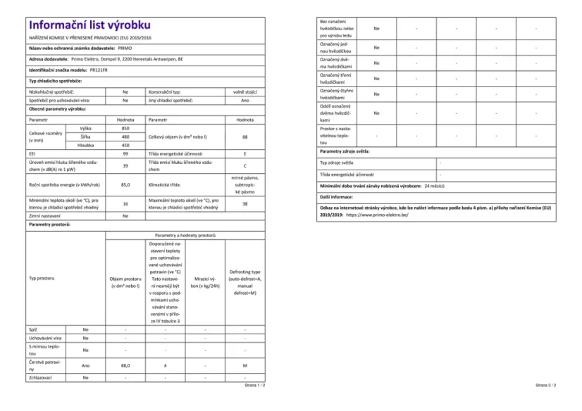 Lednice bez mrazáku - černá - PRIMO PR121FR
