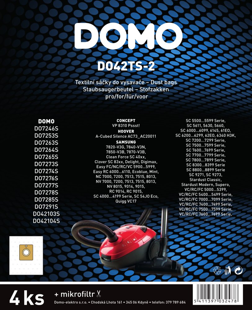 Sáčky do vysavače 4 ks - textilní, 4 l - DOMO DO42TS-2
