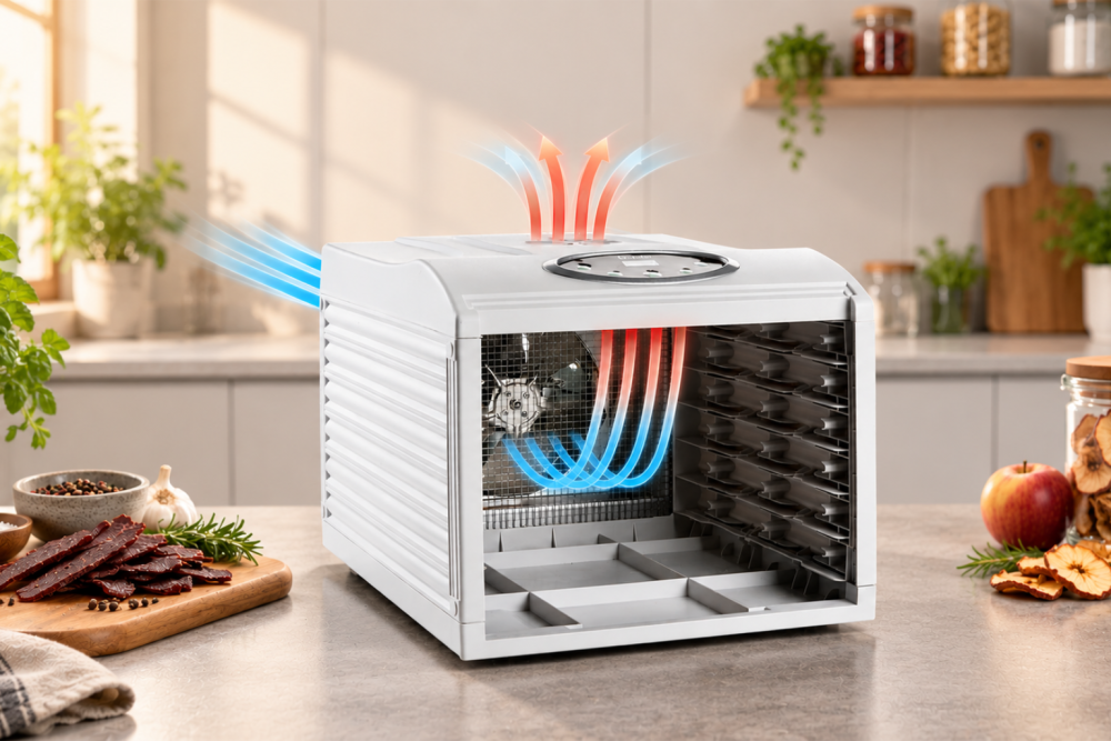 Zadní ventilátor rozvádí teplý vzduch horizontálně přes jednotlivá plata a pomáhá rovnoměrnému sušení